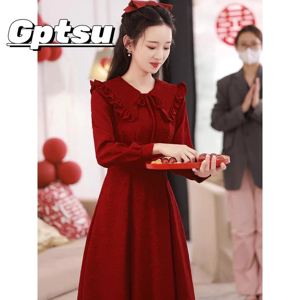 GPTSu2025年新款中式酒红色新娘敬酒服秋季高级感宴会连衣裙礼服