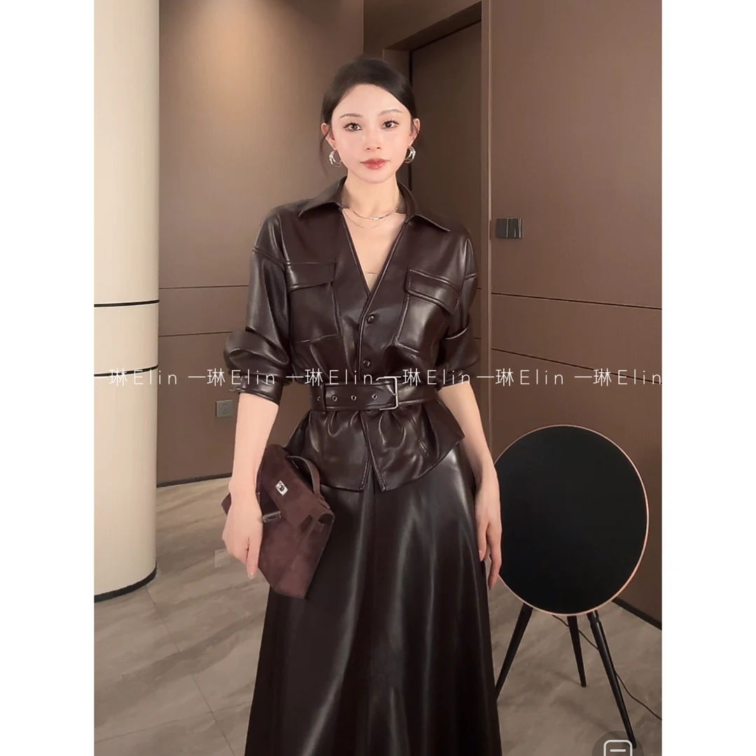 LZQ|暮色~复古收腰皮衣腰带结合四合扣上衣时髦外套XMZH9707