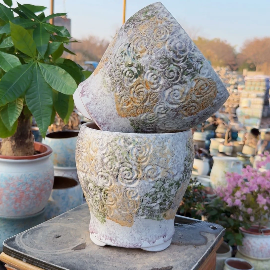 紫砂花盆口18高21（两个玫瑰花彩色粉拍花工艺品
