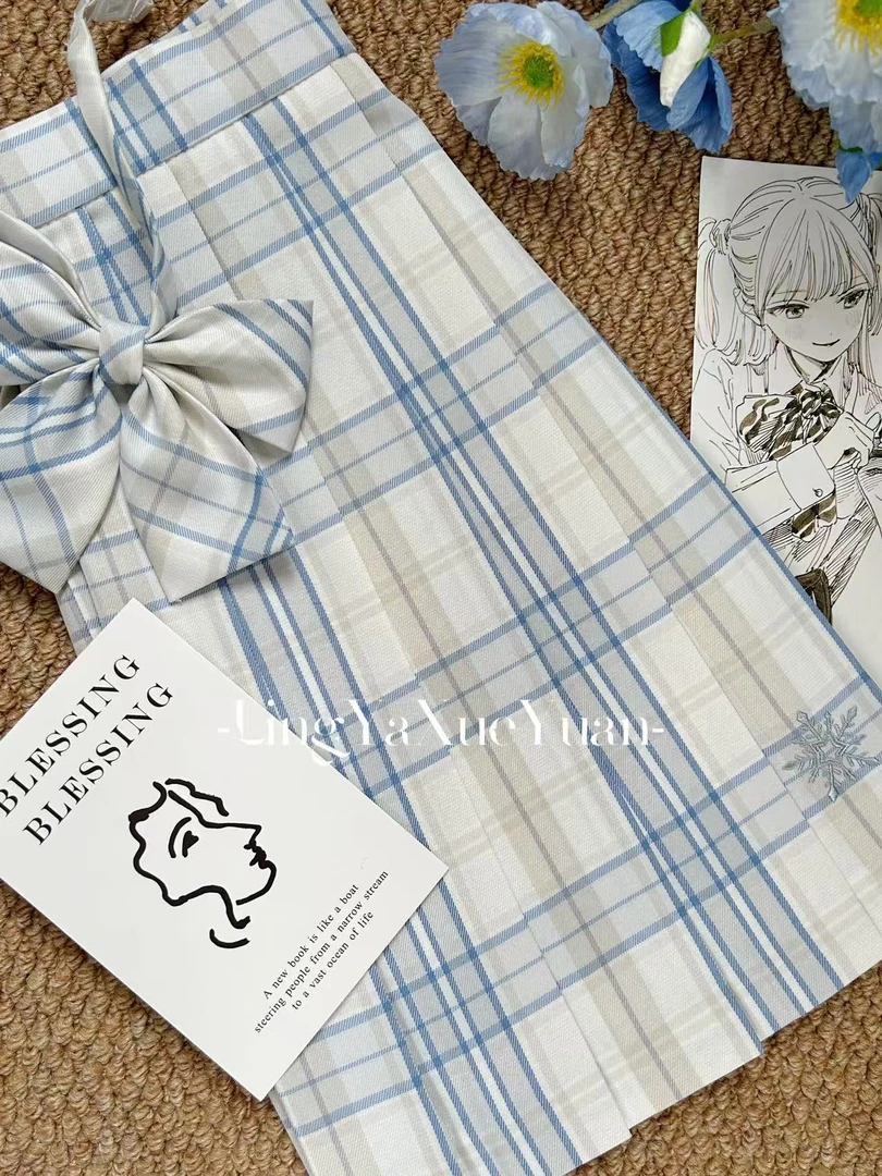 铃芽学院【初雪】正版原创jk格纹夏季高腰短裙刺绣百褶格子半身裙