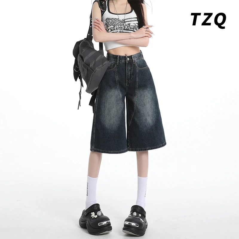 蓝灰辣妹五分裤牛仔短裤女夏季5分裤宽松设计感刺绣直筒阔腿中裤