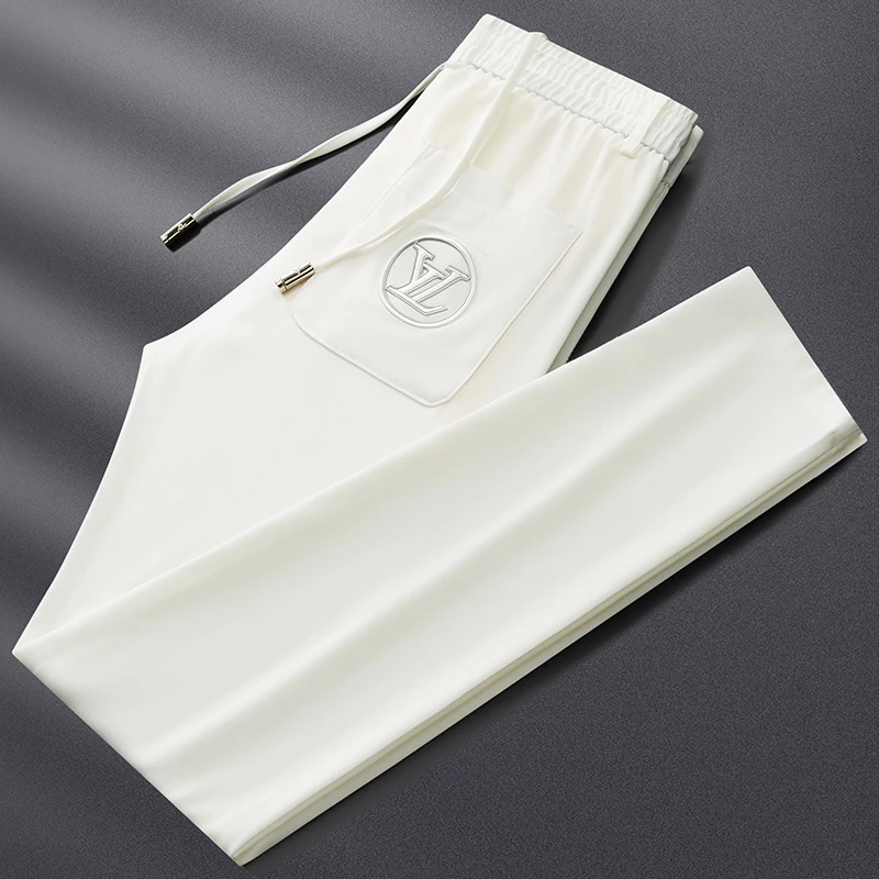 潮流冰感仿亚麻料白色裤子男修身夏季时尚薄款刺绣直筒休闲裤男潮