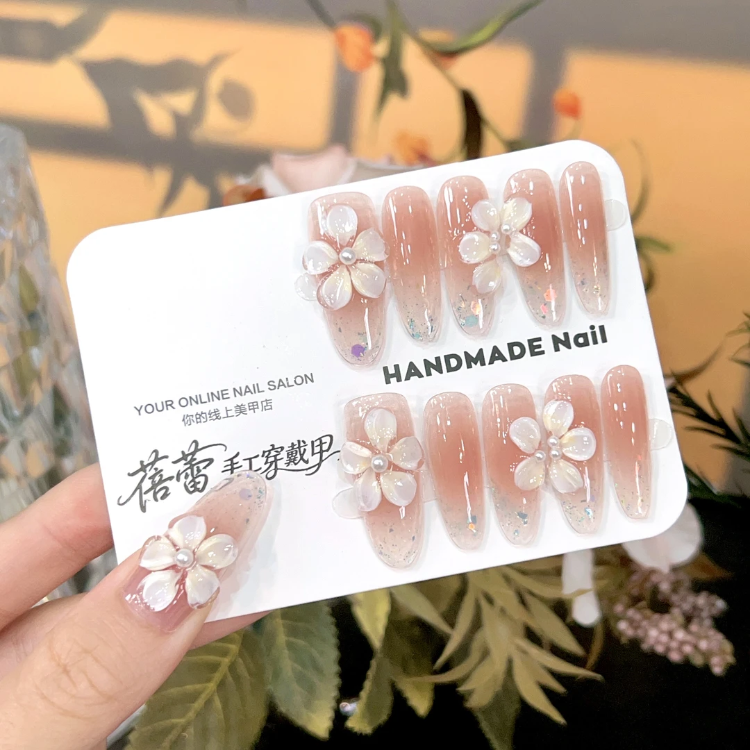 【花开半夏】冰透美甲立体雕花中长款纯手工穿戴甲