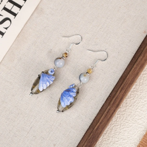 合金耳饰 LZ3680-2羽毛桶珠琉璃耳环