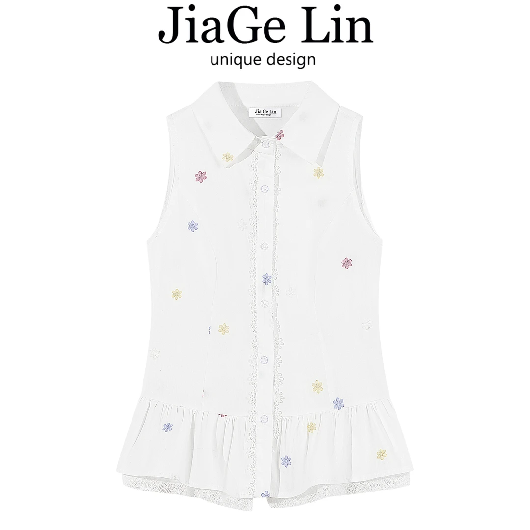 JiaGeLin韩系高级感蕾丝拼接polo领衬衫绣花小衫女夏无袖上衣