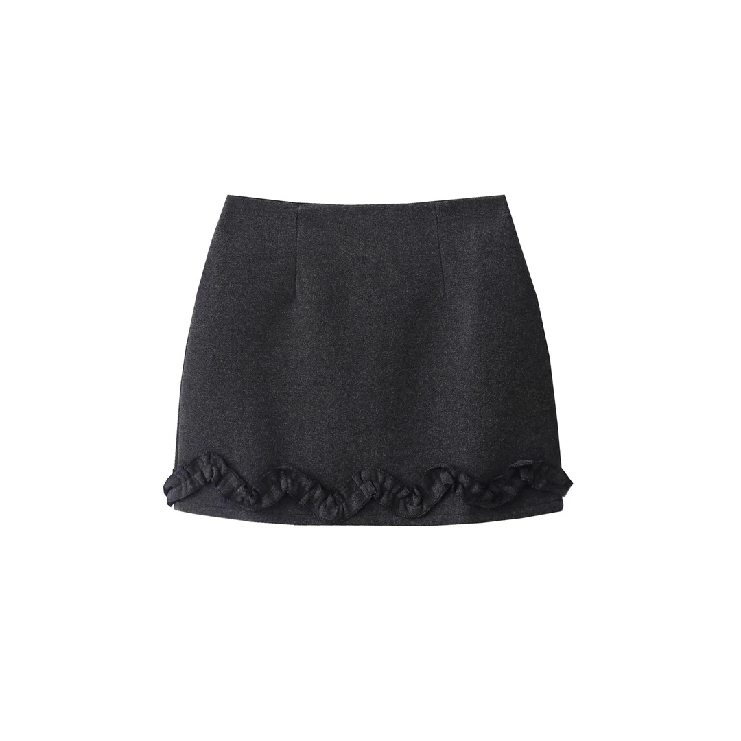 秋冬新款毛呢半身裙女甜美木耳花边设计感高腰显瘦A字包臀裙短裙