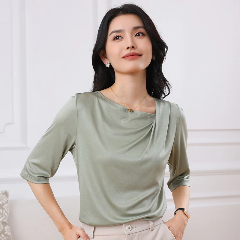 直筒型桑蚕褶皱抽醋酸显瘦方领休闲T恤缎面中袖夏休闲百搭不规则