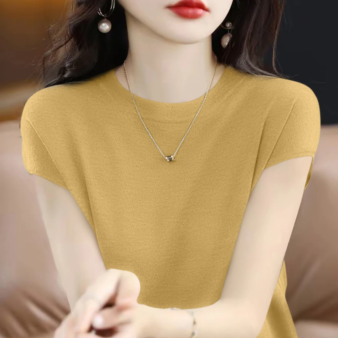 洋气百搭纯色设计感圆领短袖针织衫t恤女夏季小飞袖宽松显瘦上衣