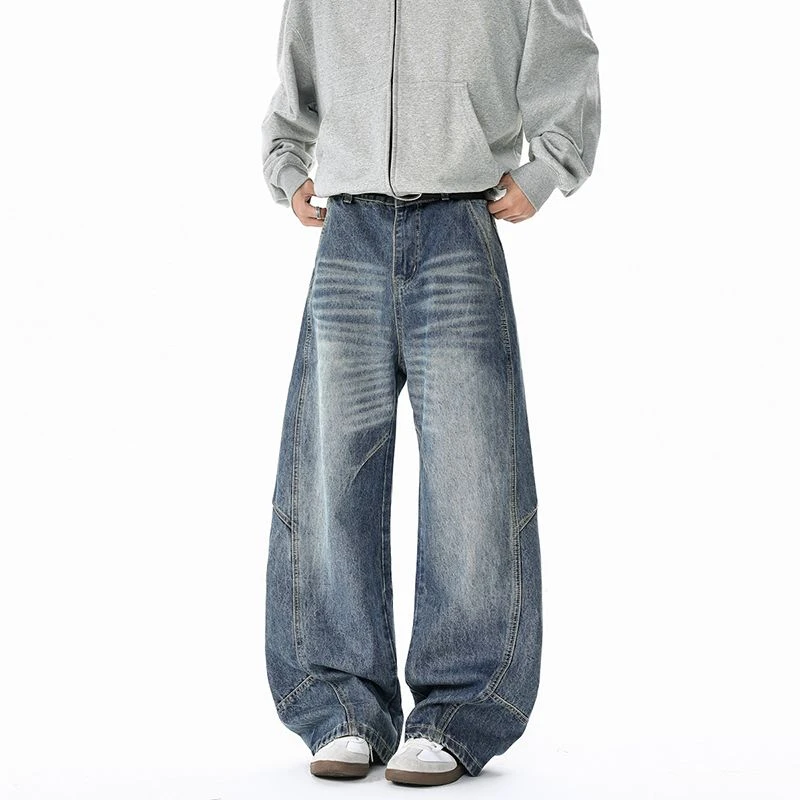 美式水洗阔腿弯刀牛仔裤男秋季潮牌宽松休闲裤hiphop做旧直筒裤子