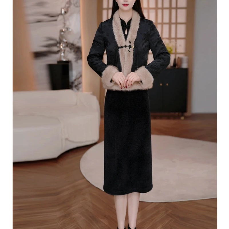 DBF-25B485NX 新款两件套气质轻奢夹棉加厚中长款连衣裙 M-5XL