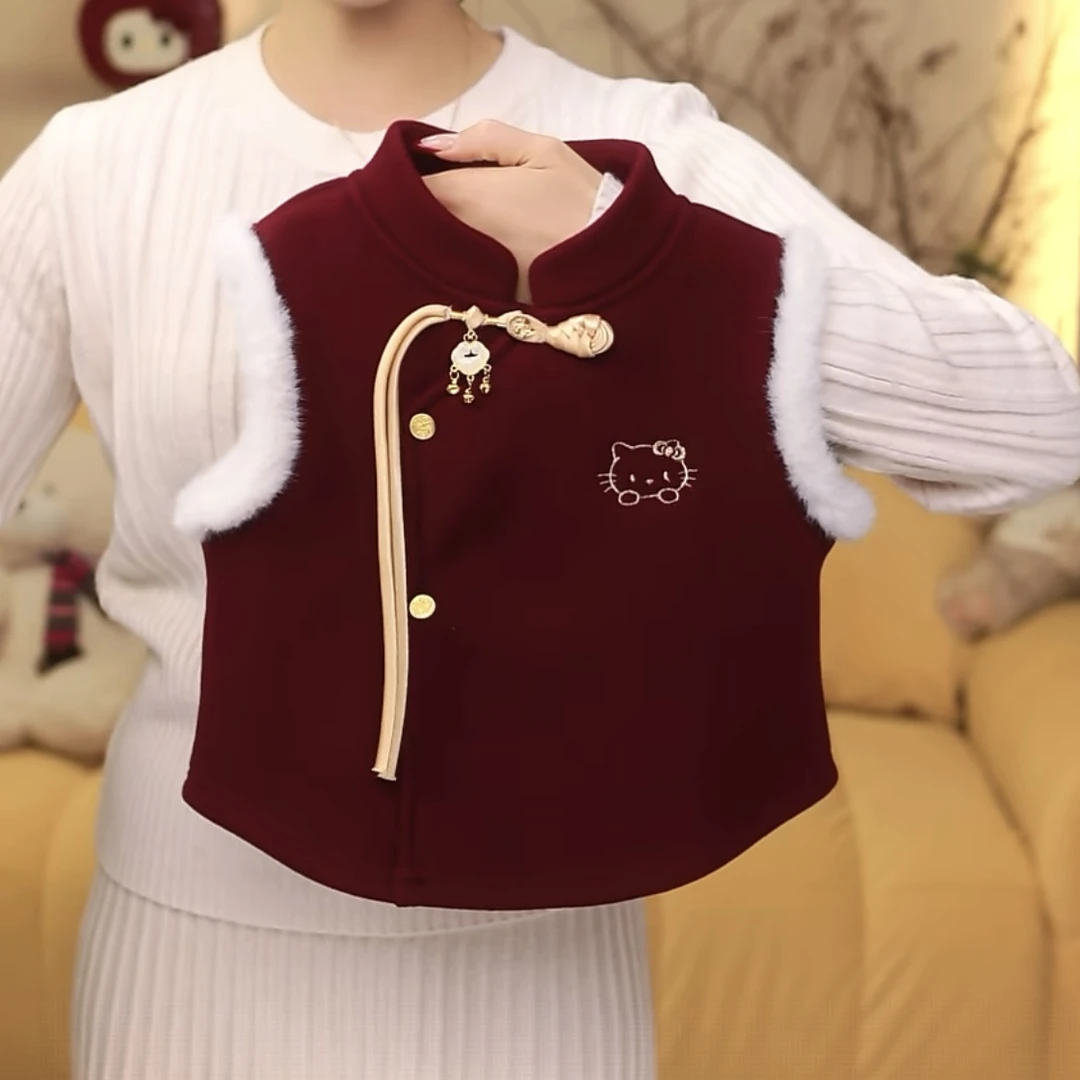 女童拜年服中国风童装2025秋冬款女宝宝喜庆红色盘扣立领毛绒马甲