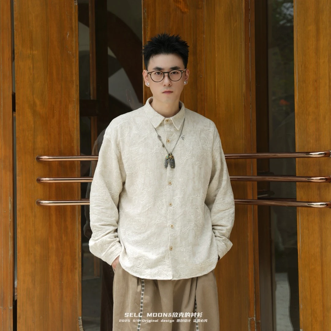 SELLMOON腰果花刺绣宽松男女同款长袖男款秋冬白衬衣纯色秋冬服装