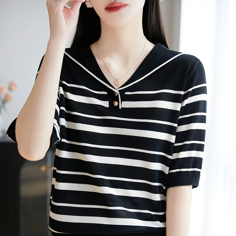 清爽亲肤不沾身100%莱赛尔天丝海军领薄款短袖条纹百搭减龄长袖