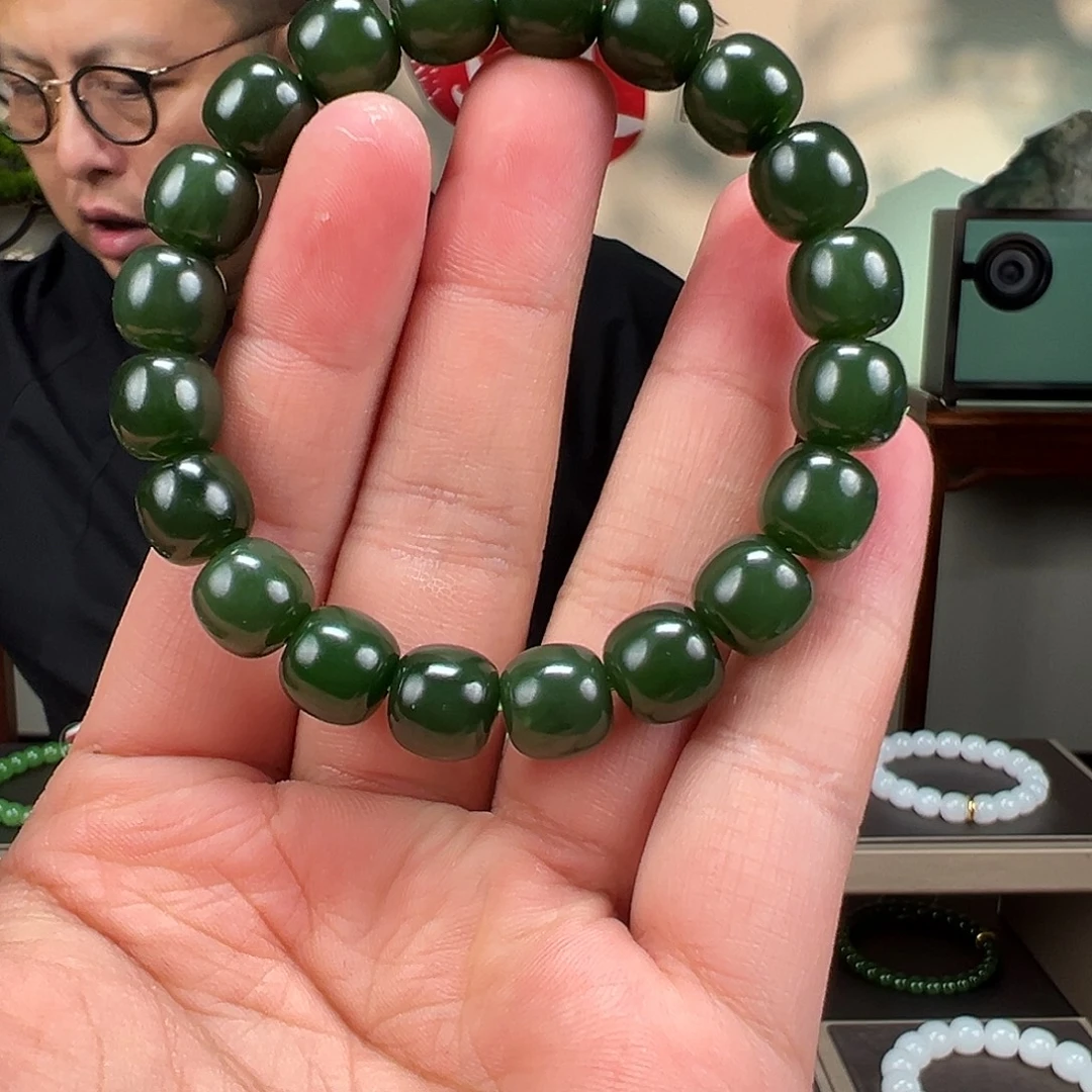 和田玉未镶嵌手链卡11mm菠菜绿