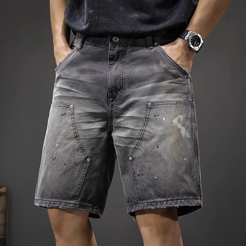 Cebrodz美式伐木工装休闲短裤男夏季薄款宽松五分裤水洗泼墨中裤