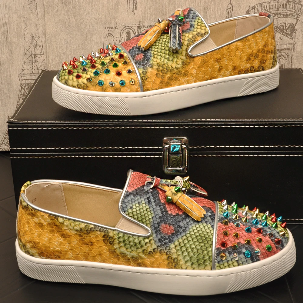 欧美风铆钉蛇纹时尚个性休闲板鞋男士流苏潮流印花彩色轻奢板鞋男