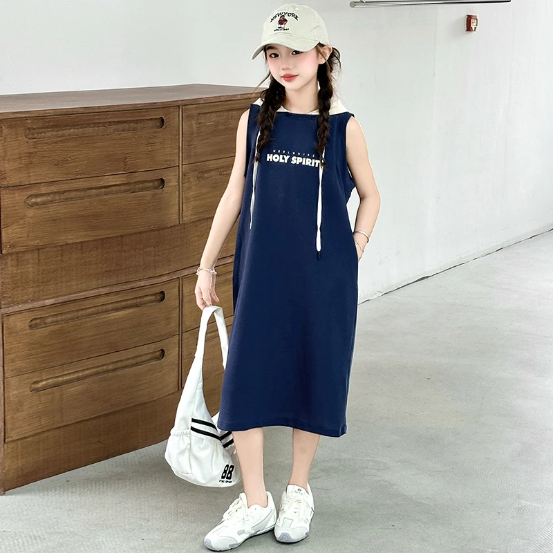 女童夏装裙子2025新款韩版女孩夏季洋气长款连帽卫衣裙大童连衣裙