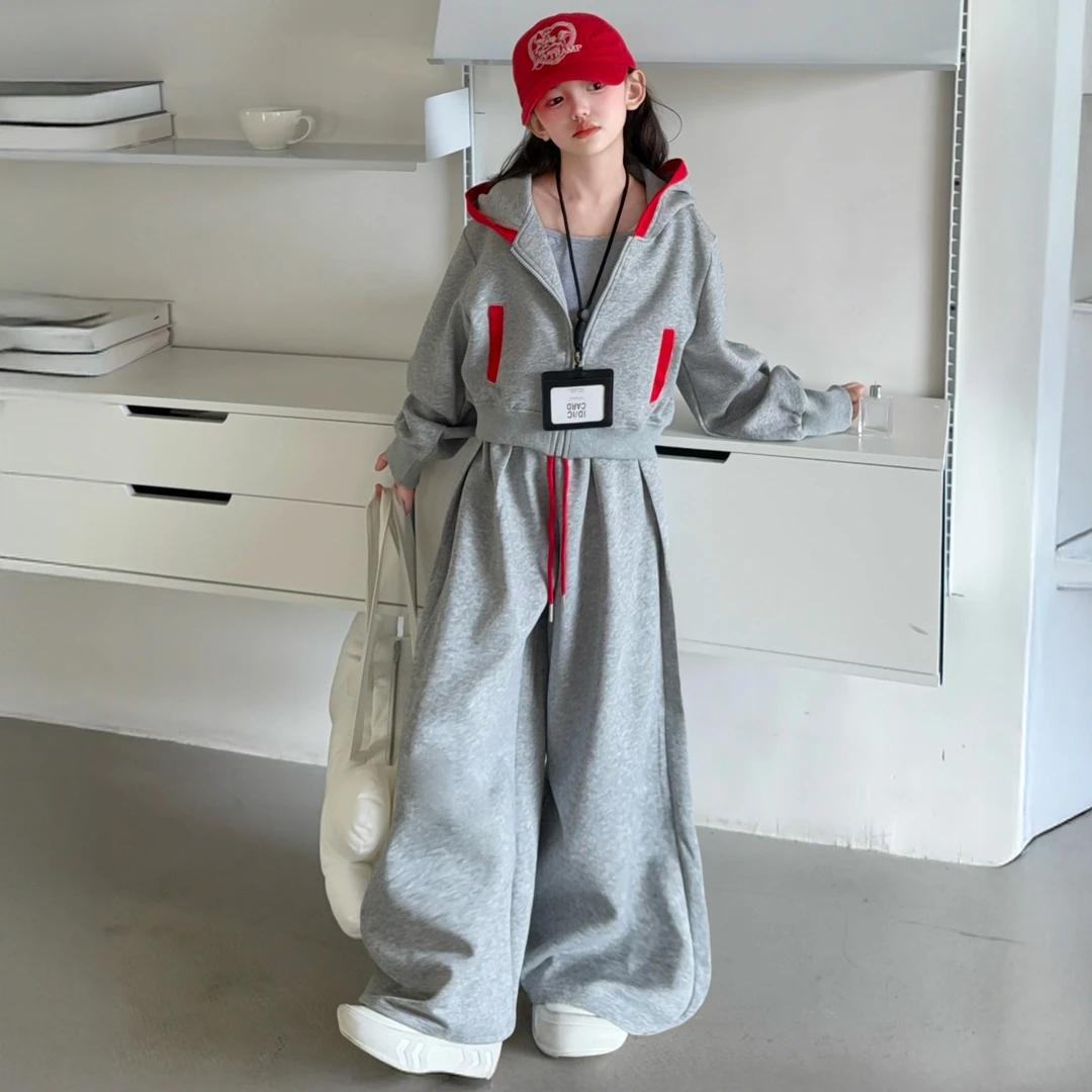 女童美式短款连帽卫衣外套早秋拼色开衫上衣宽松直筒抽绳卫裤套装