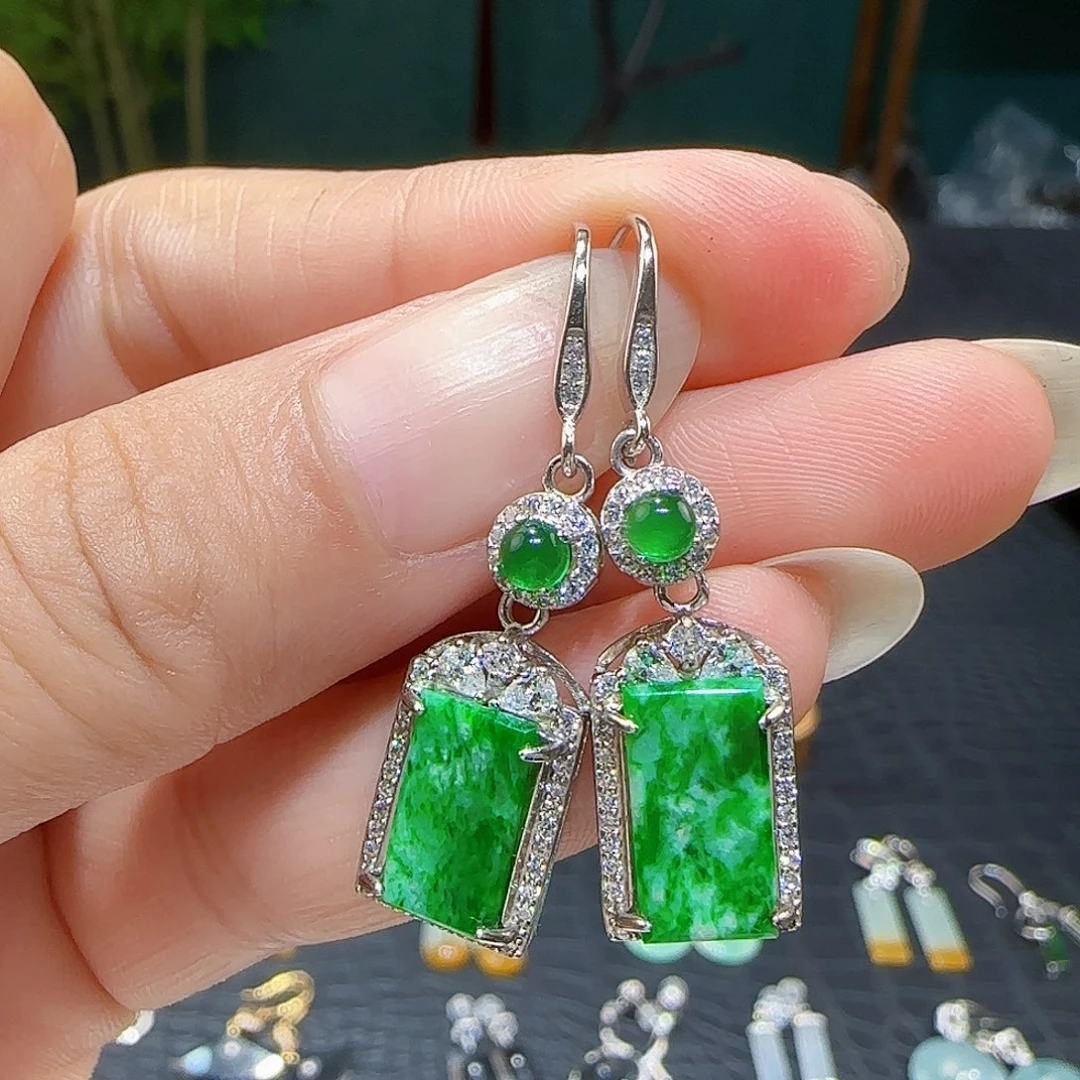 银S925镶嵌翡翠耳饰天然缅甸a货翡翠