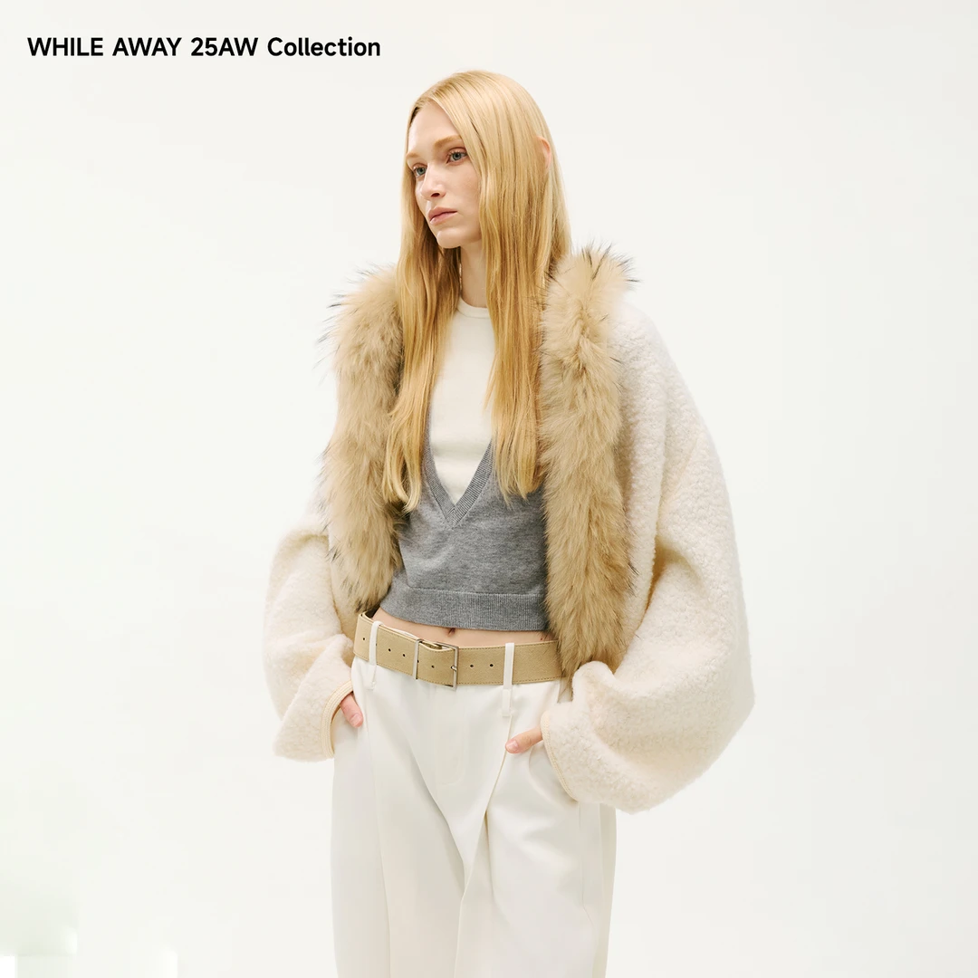 WHILE AWAY蝙蝠袖毛呢外套女宽松慵懒气质上衣复古显瘦百搭开衫