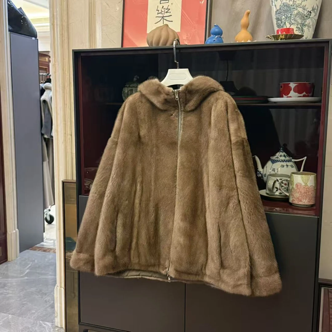 MYL 2025秋冬新品帕斯条水貂外套连帽长袖拉链休闲宽松两面穿皮草