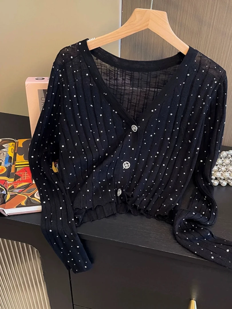 【磊磊分享】秋季上新V领烫钻全身修身显瘦百搭针织衫外套#8818