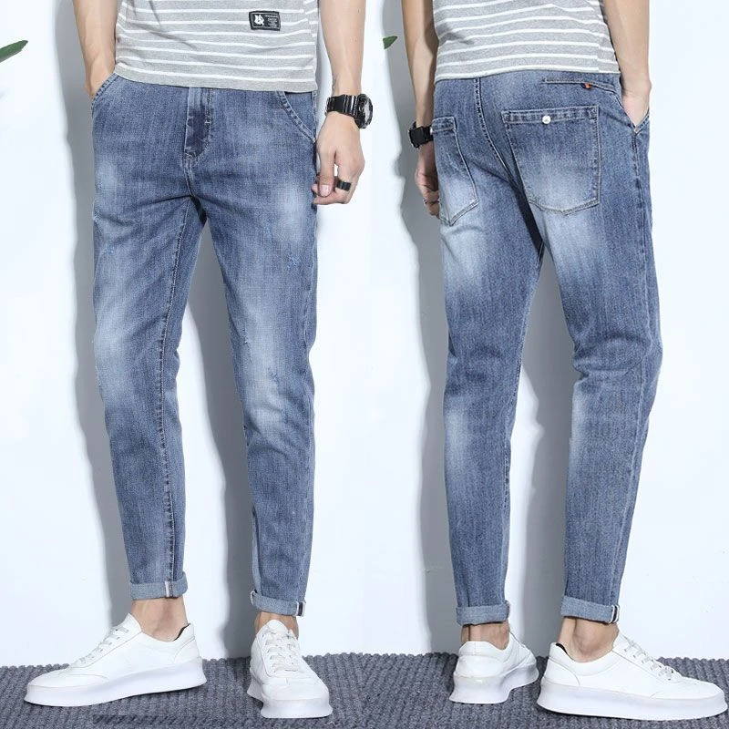 春季牛仔裤男生2025新款修身小脚破洞裤春秋款九分休闲裤子男潮牌