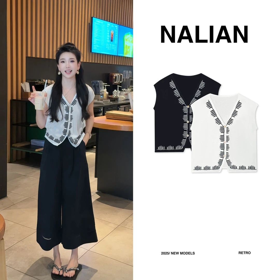 拿恋JGCXX2250#法式复古撞色V领无袖上衣2250
