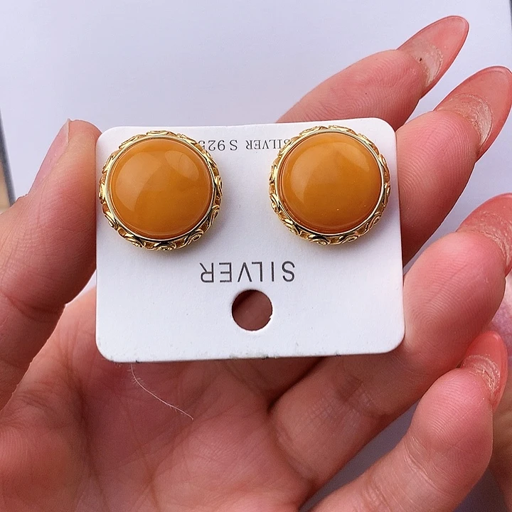 蜜蜡耳饰银S925镶嵌耳饰