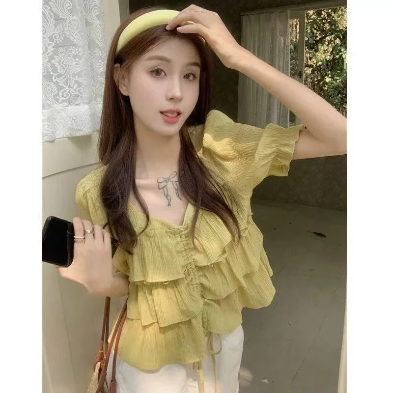 0010-法式方领荷叶边衬衫女夏季设计感泡泡袖宽松遮肚抽绳*465