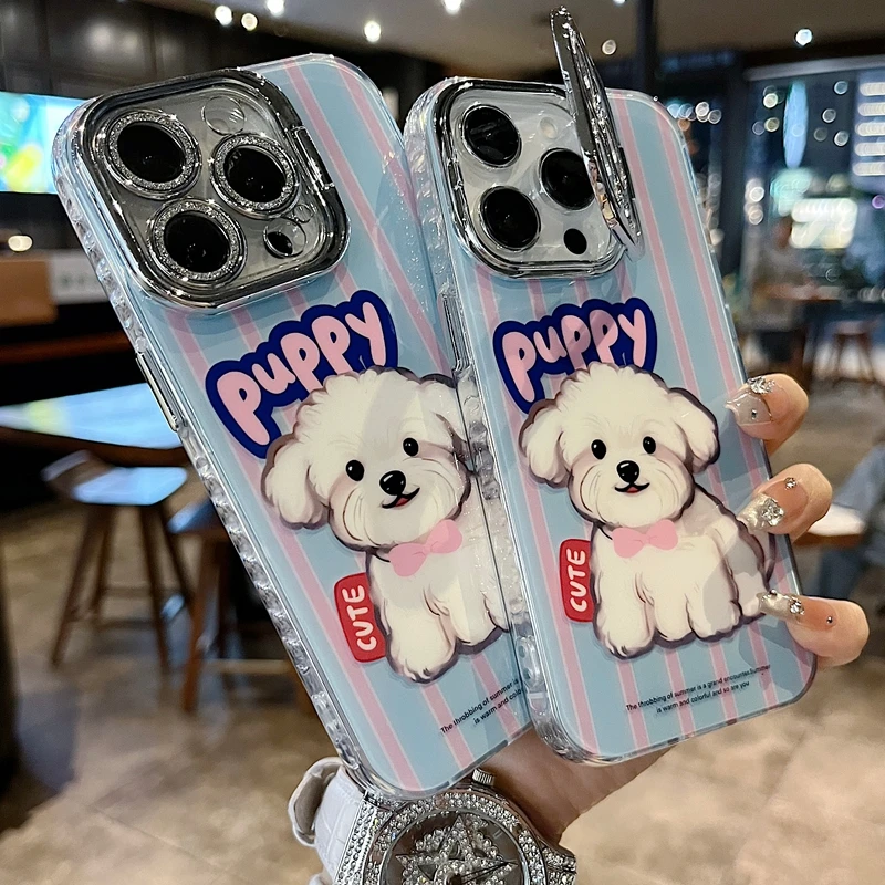 适用苹果系列iPhone17新手机壳竖条纹英文小狗银灰色闪粉镜头支架