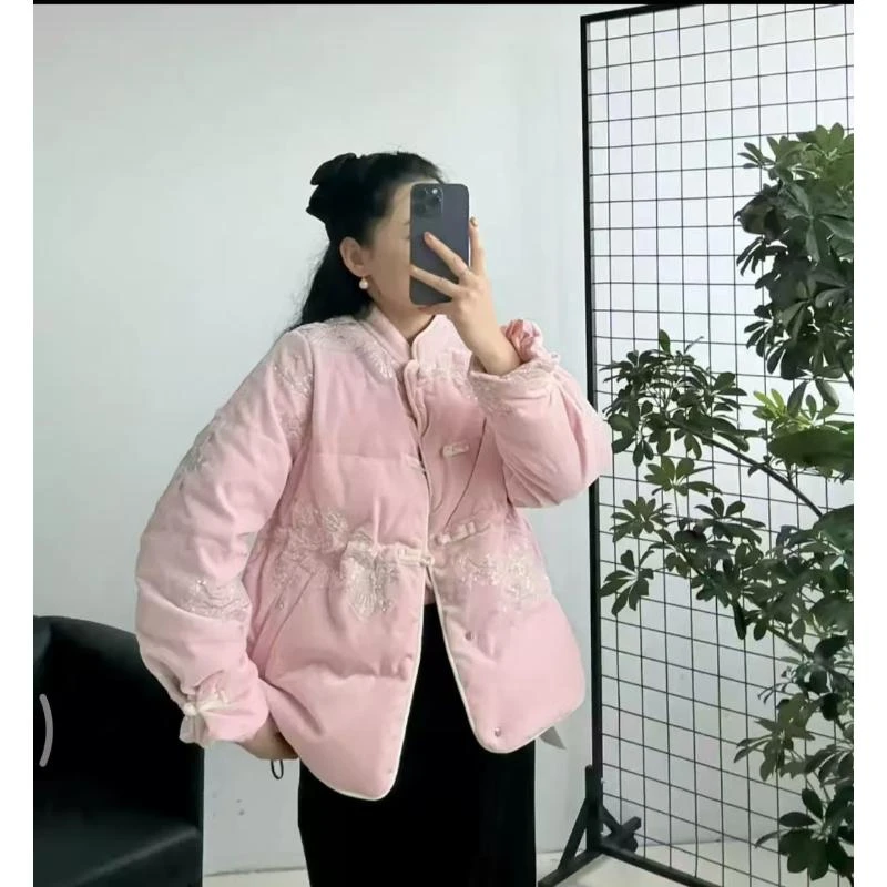 【胖宝推荐】国风立领刺绣盘扣短款金丝绒宽松羽绒服9907