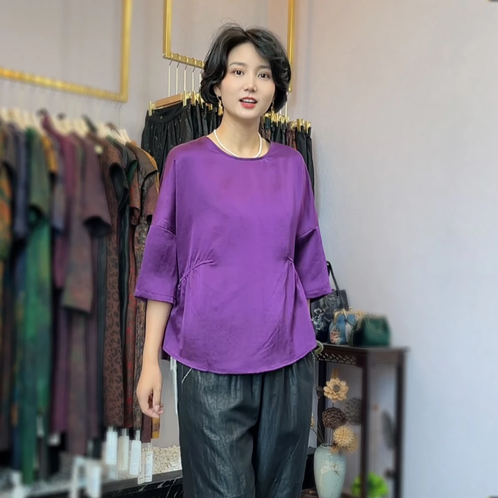 古韵蚕物【99298】专柜正品100%桑蚕丝老料缎龟裂纹洋气减龄小衫