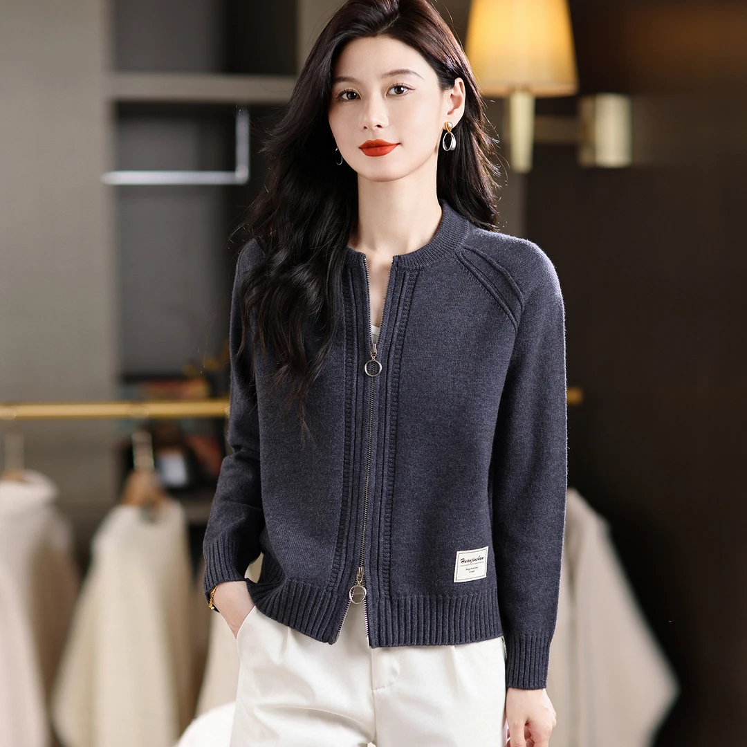 长袖拉链针织衫外套女秋季2025新款女装休闲外搭短款上衣毛衣开衫