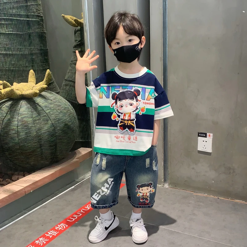 哪吒衣服男童夏装套装2025新款夏季儿童帅气时髦潮牌宝宝男孩短袖