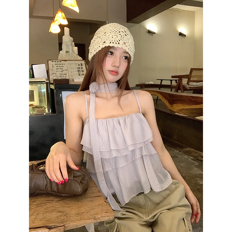 宋正恩浅紫色挂脖吊带背心女温柔风宽松百搭设计感上衣ZSS601591