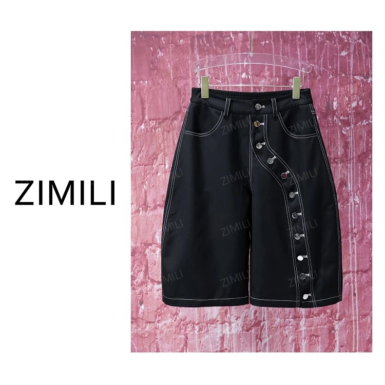 【亮哥女装】2025欧版星耀黑弯刀型高腰钉扣休闲高克重短裤9713