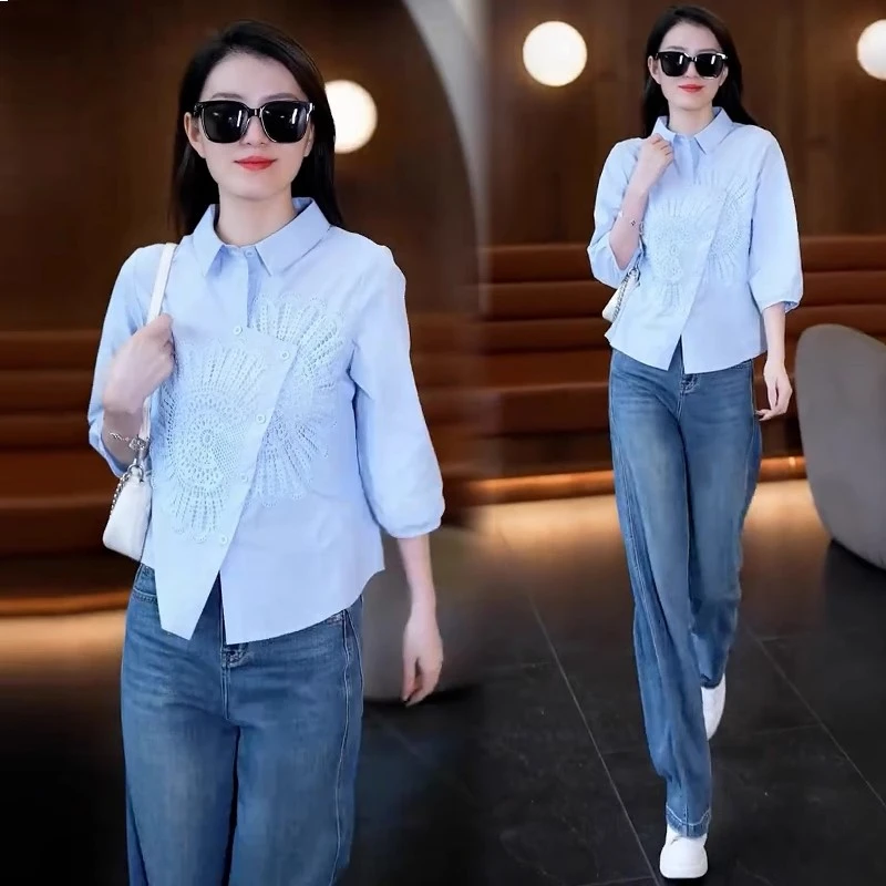 时尚衬衫女2025夏季新款洋气显瘦不规则重工钩花气质百搭休闲衬衣