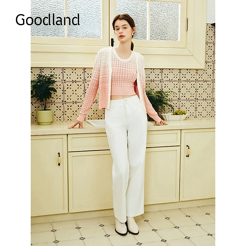 Goodland美地2025春季新款法式米白色长裤优雅直筒牛仔裤