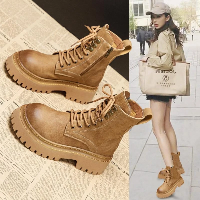 马丁靴女2025春秋新款英伦风真皮爆款超火短靴子厚底内增高机车靴