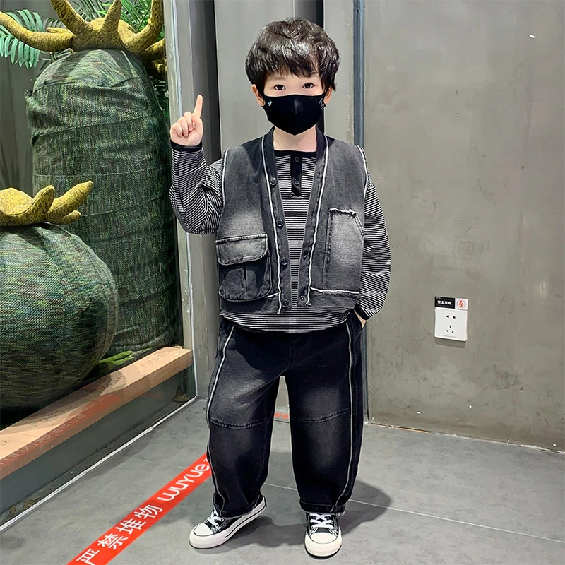 男童秋装套装2025新款儿童春秋季洋气酷帅宝宝条纹T恤马甲三件套