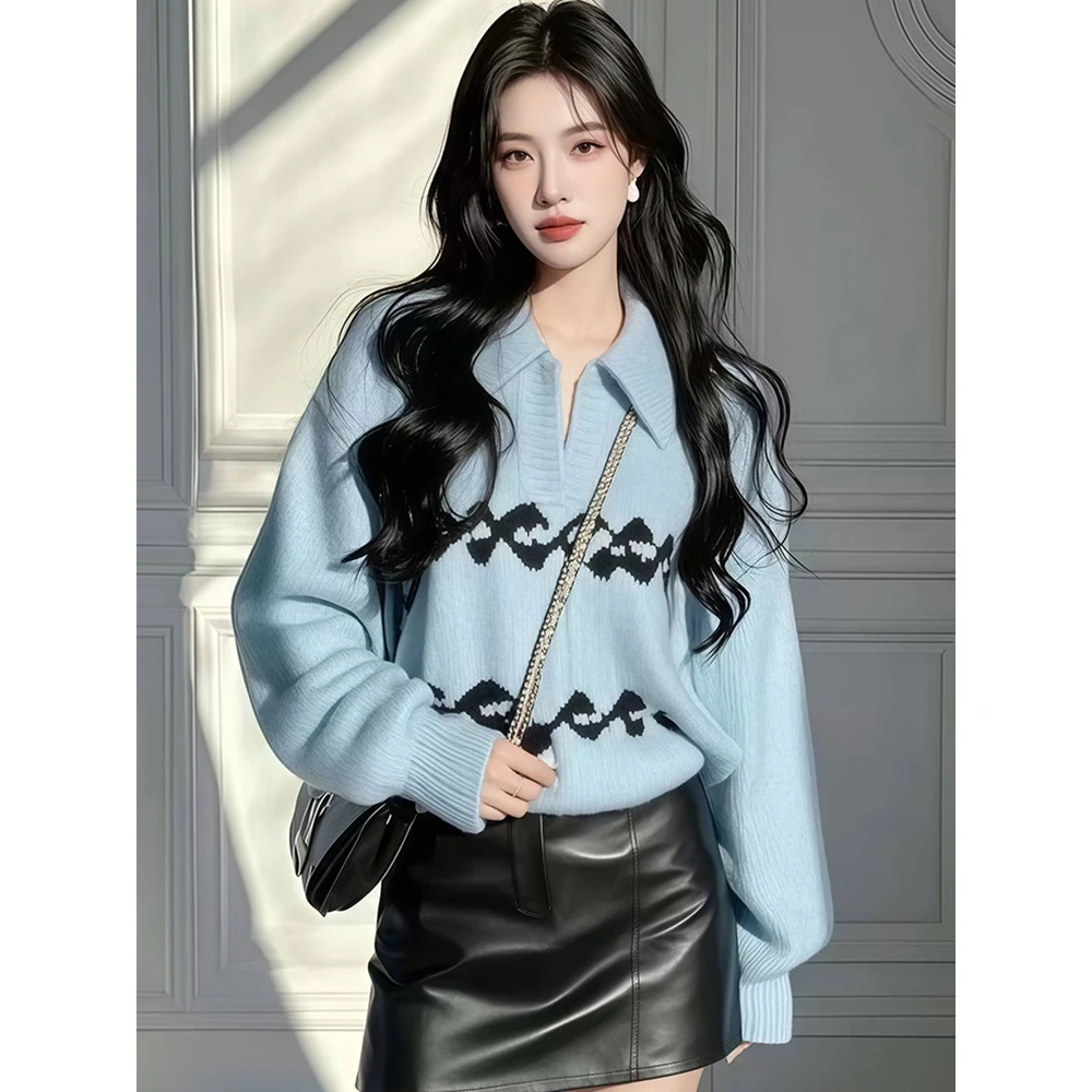 La Chapelle拉夏贝尔浅蓝色翻领提花毛衣针织衫秋季新款慵懒高级