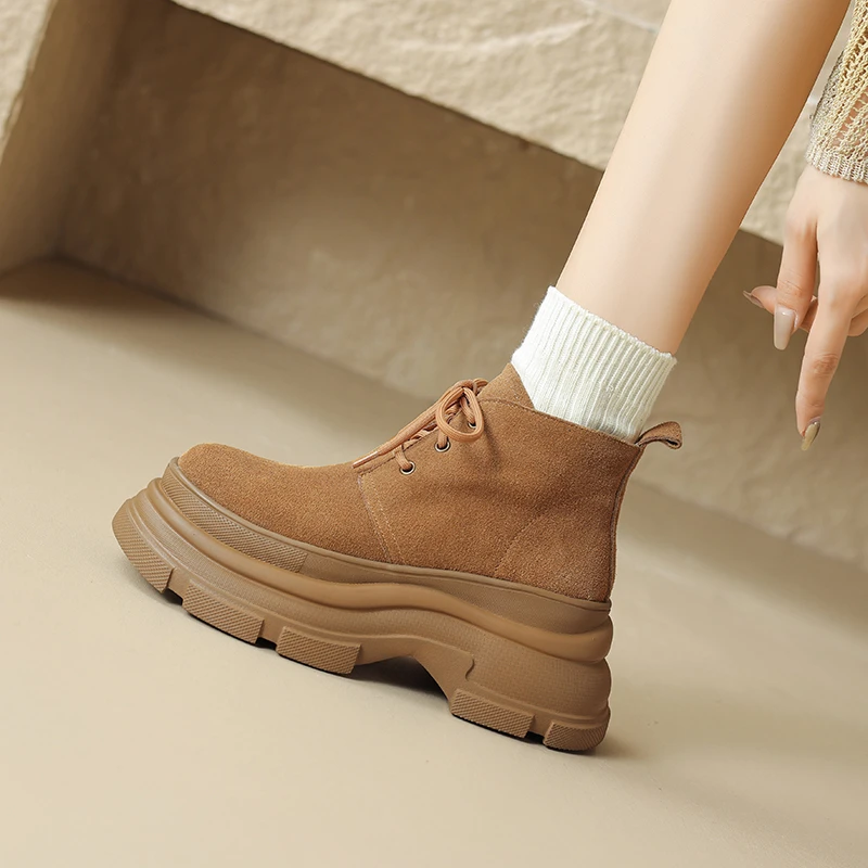 8cm休闲厚底小个子轻便舒适系带英伦风马丁靴秋冬短筒短靴圆头女