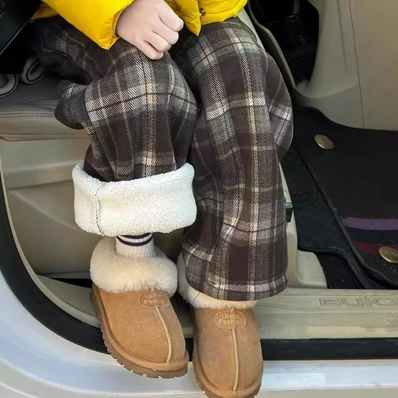 女童加绒裤子秋冬2025新款儿童格子长裤大童女孩加厚毛呢阔腿裤子