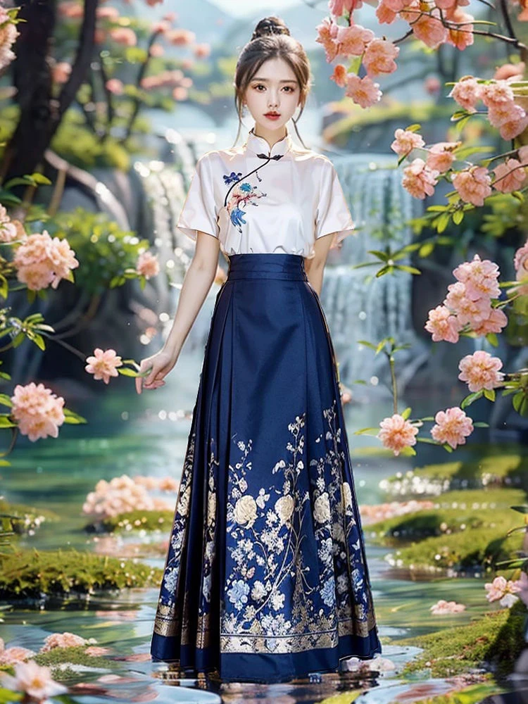 汉服女装绣花上衣马面裙套装2025夏季新款短袖上衣日常可穿两件套