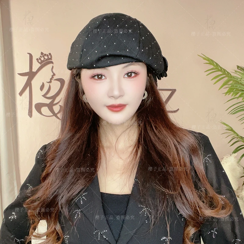 [耀星]原创奢华时尚黑色镶钻气质鸭舌帽花朵贝雷帽休闲女士八角帽