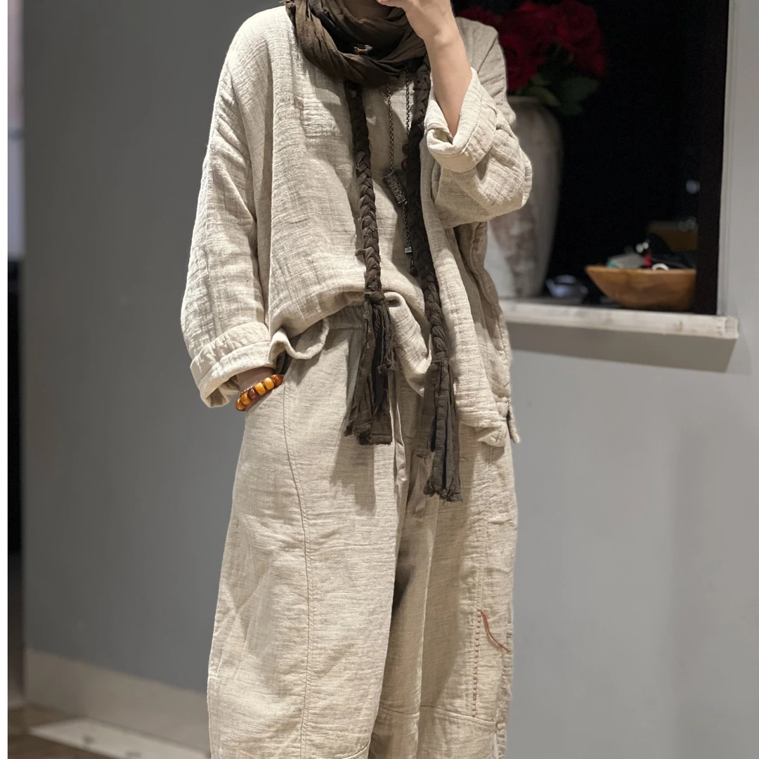 25早春新款粗麻斜襟手工绕线盘扣套头衬衫文艺百搭通勤气质女上衣