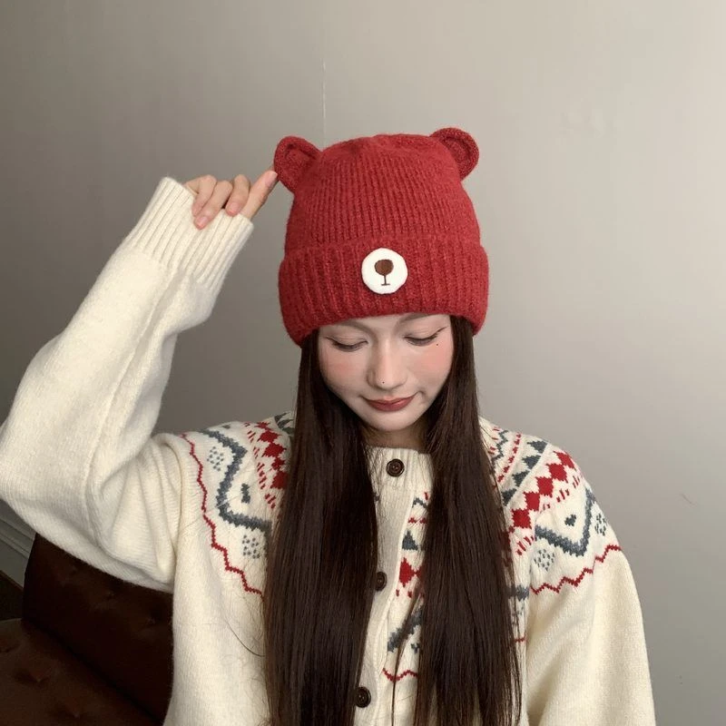 小熊耳朵针织毛线帽女秋冬季保暖护耳套头帽日系卡通百搭包头帽