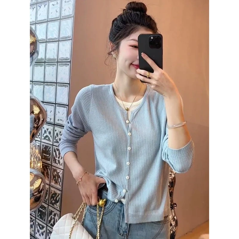 拼接撞色假两件内搭针织开衫女士初秋款洋气减龄显瘦穿搭羊毛上衣