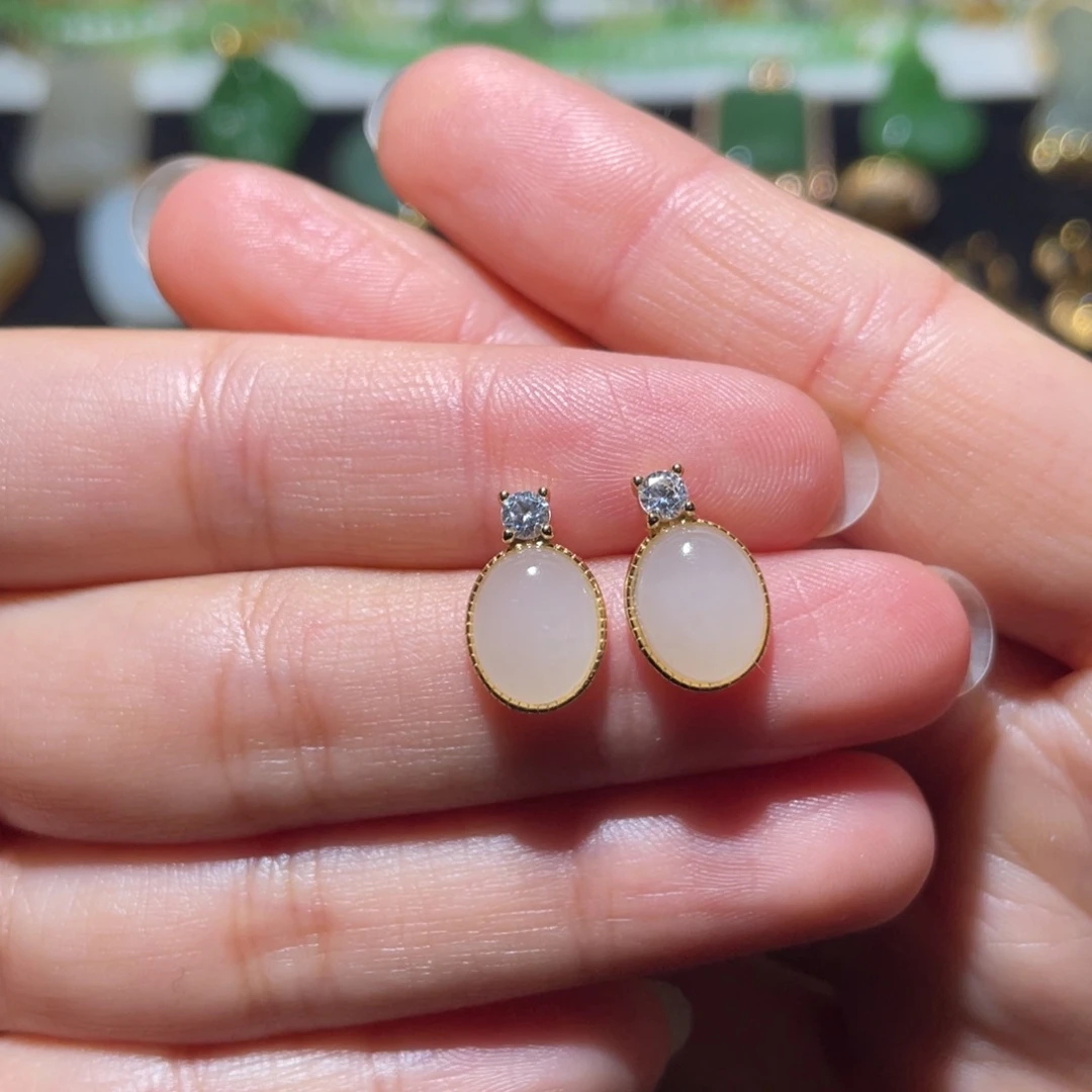 和田玉银S925镶嵌耳饰